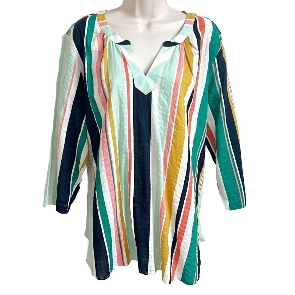 NWT Van Heusen Striped Colorful green 3/4 Sleeve Cotton Pullover Blouse Top XL